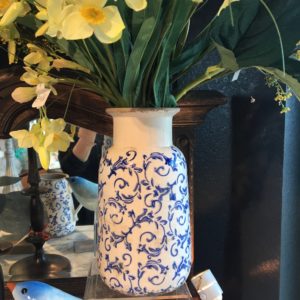 Home Decor : The Blue Collection – Antiqued White & Blue Cylinder Vase