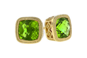 Cushion Cut Peridot Post Earrings in 14k Yellow Gold