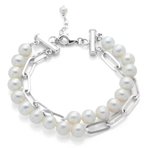 Freshwater Pearl & Paperclip Two Row Bracelet in Sterling Silver