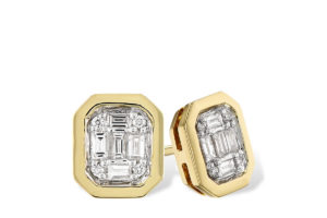 Square Bezel Set Baguette and Round Diamond Cluster Earrings in 14k Yellow Gold