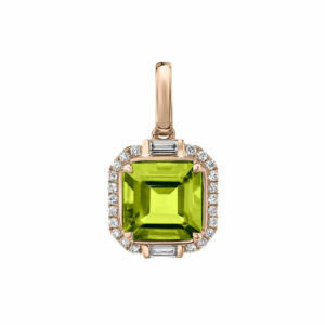 Square 8mm Peridot Pendant with Diamond Halo in 14k Rose Gold