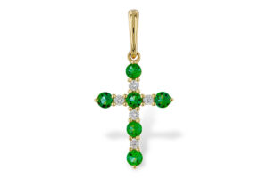 Emerald and Diamond Cross Pendant in 14k Yellow Gold