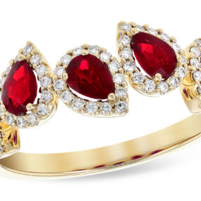 14ky 5 Stone Pear Shaped Ruby Ring with Diamond Halos