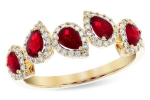 14ky 5 Stone Pear Shaped Ruby Ring with Diamond Halos